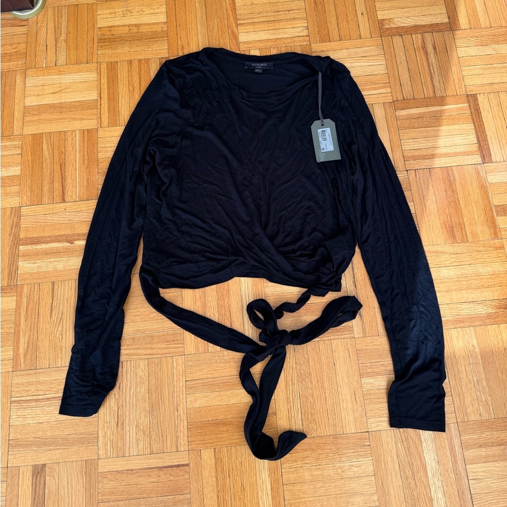 All Saints Black Long Sleeve Wrap Top